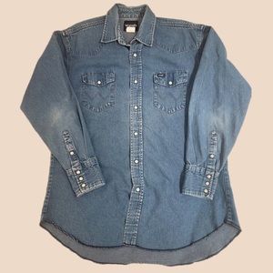 Vintage 90’s Wrangler Mens Pearl Snap Blue Denim Western Shirt 17 34 USA Large